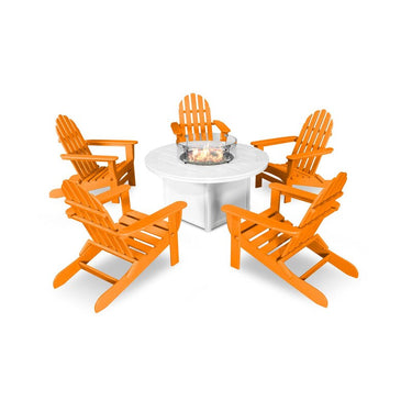 POLYWOOD Classic Folding Adirondack 6-Piece Conversation Set W/ Fire Pit Table - Tangerine / White